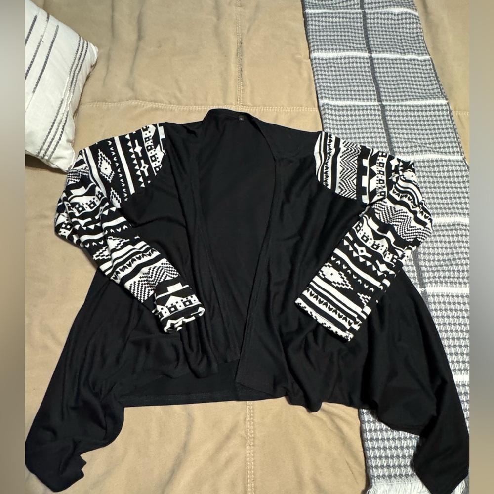 Cardigan- Black with white Aztec printed on sleeves,